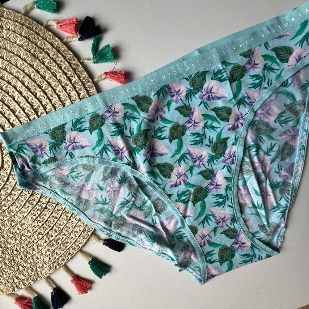 Victoria's Secret Stretch Cotton Bikini Panty Blue Jungle Leaves Medium NEW - Picture 2 of 3
